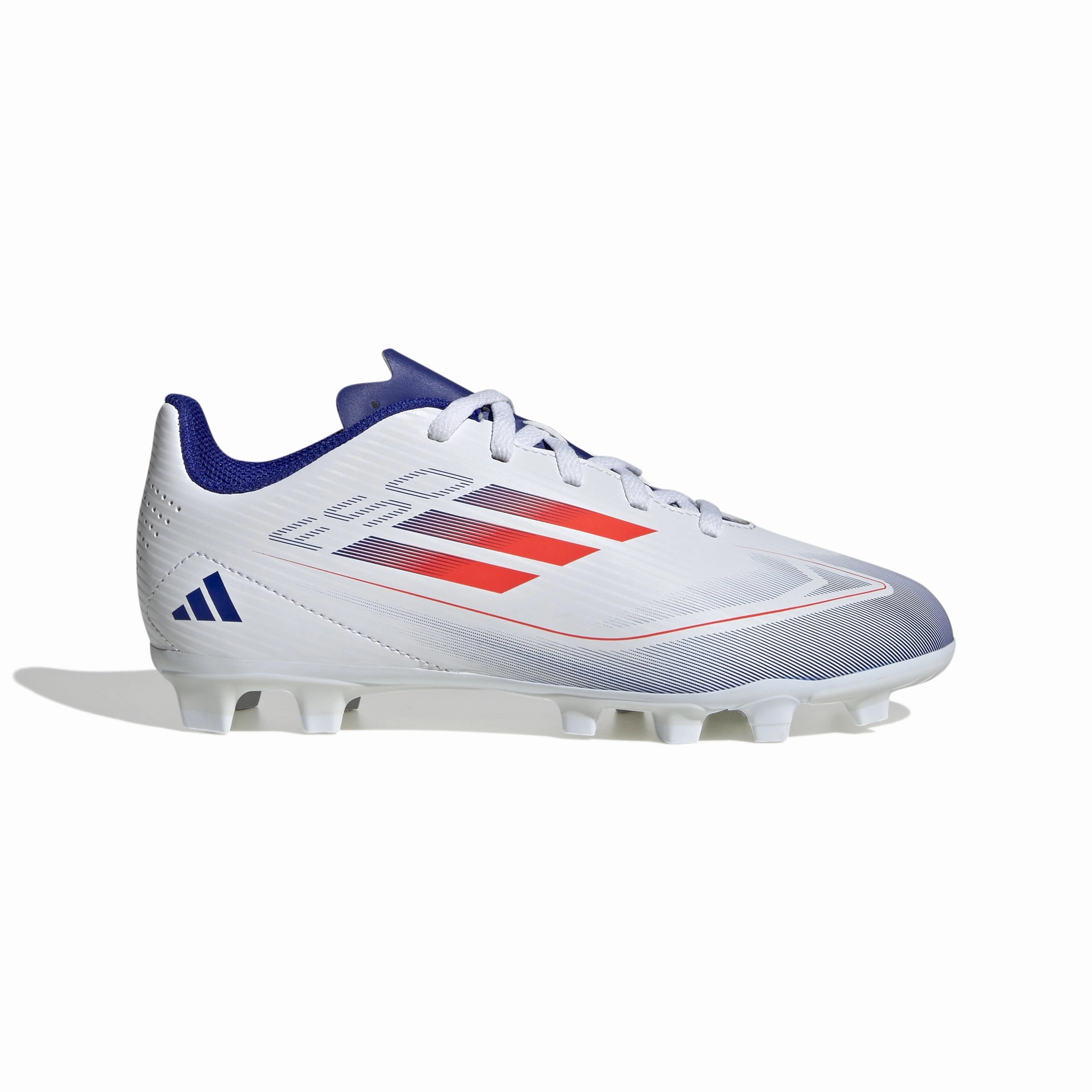Sharp Play Soft Padding adidas F50 Club Junior FG Firm Ground Soccer Cleats - White/Solar Red/Blu