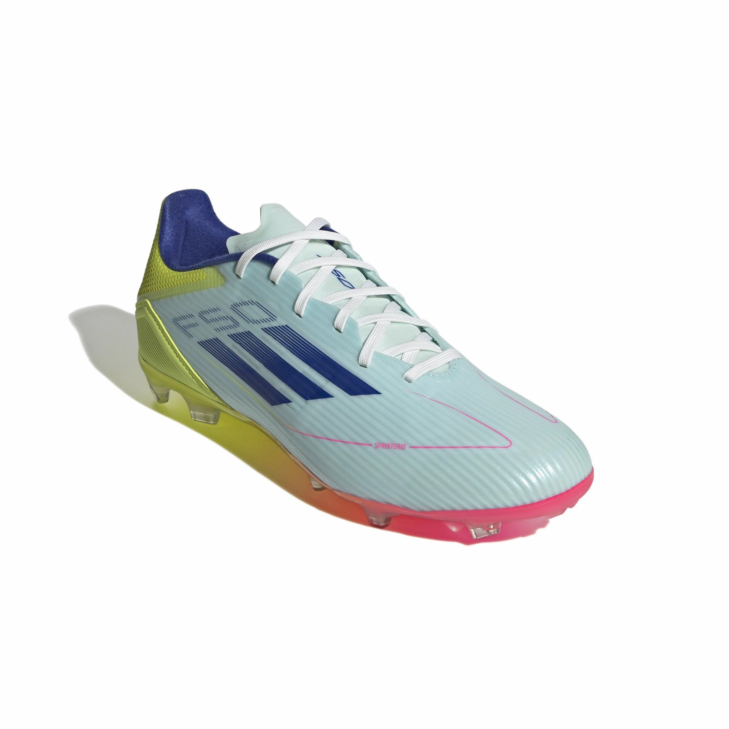 adidas F50 League Firm Ground Soccer Shoes- White/Blue/Tesoye Lean Fit Practice Mode
