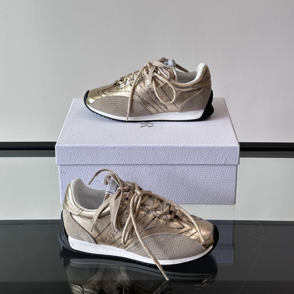 Gold-Tone Crinkled Lambskin and Laminated Calfskin D-Sketch Sneaker Designer Sneakers for Men and Women Modern Touch Street Smart