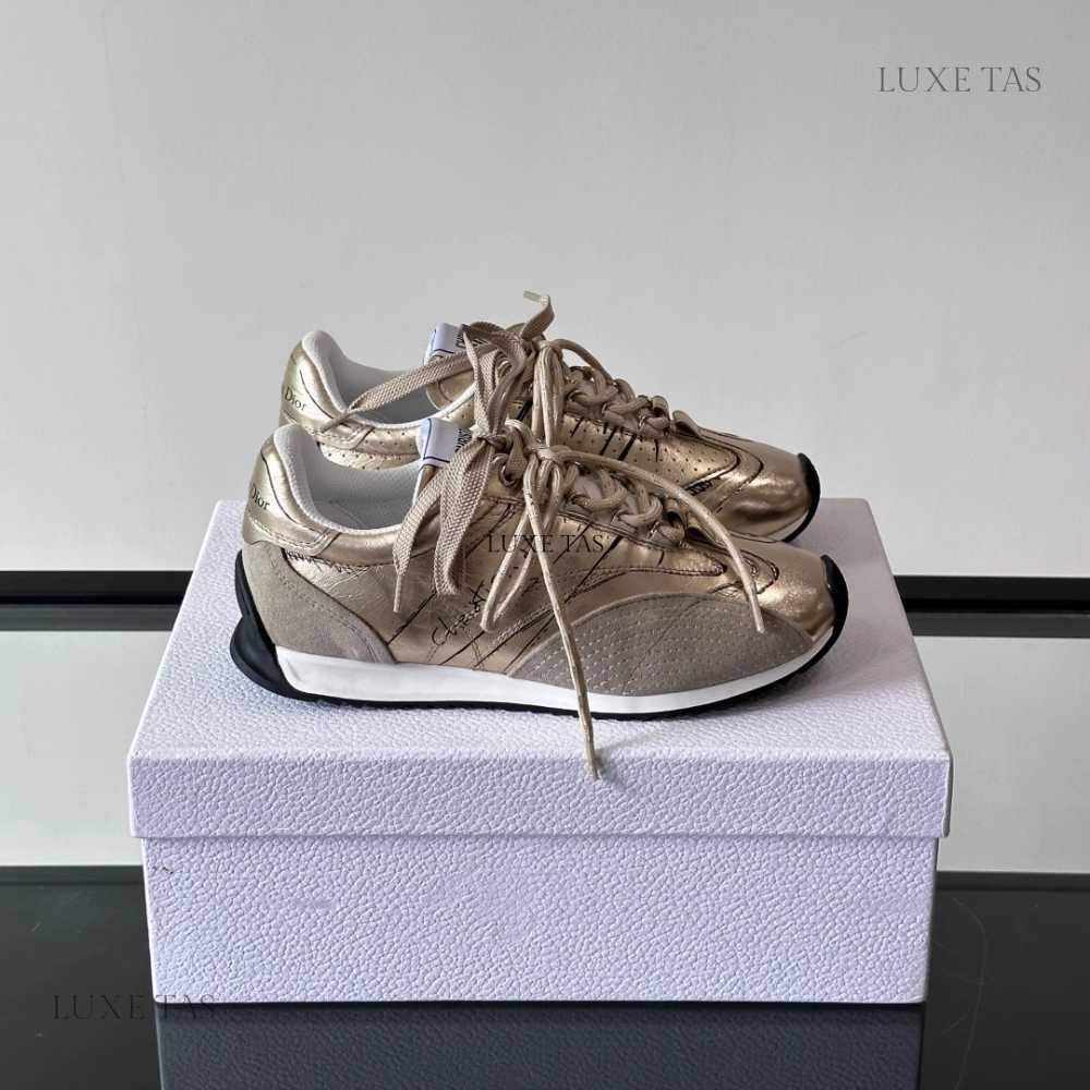 Impact Diffusion Tech Zero Break In Gold-Tone Crinkled Lambskin and Laminated Calfskin D-Sketch Sneaker Designer Sneakers for Men and Women