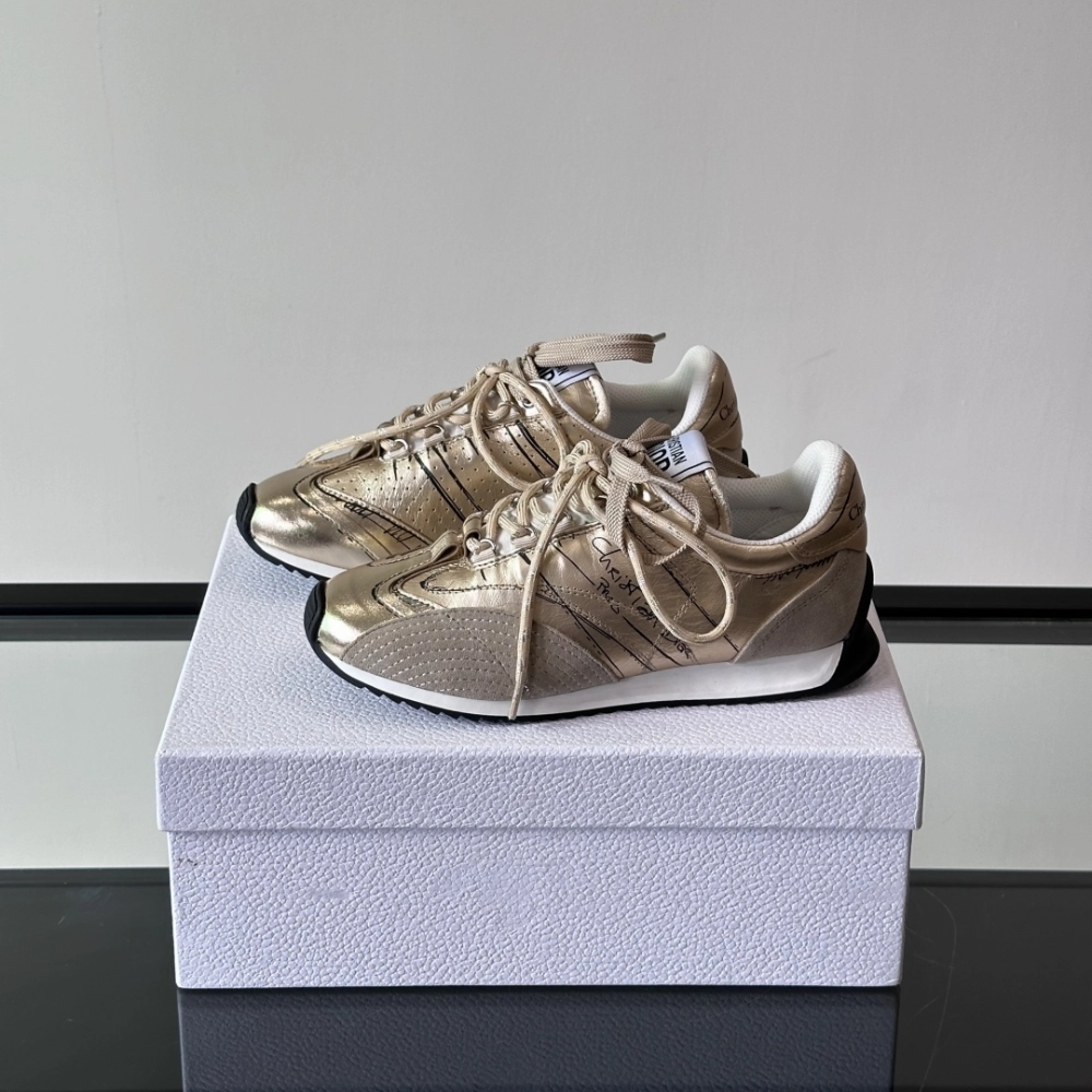 Mid   Top Gold-Tone Crinkled Lambskin and Laminated Calfskin D-Sketch Sneaker Designer Sneakers for Men and Women