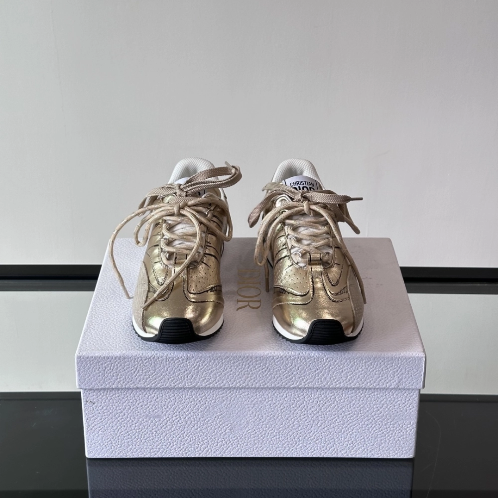 Walking Sneakers Gold-Tone Crinkled Lambskin and Laminated Calfskin D-Sketch Sneaker Designer Sneakers for Men and Women