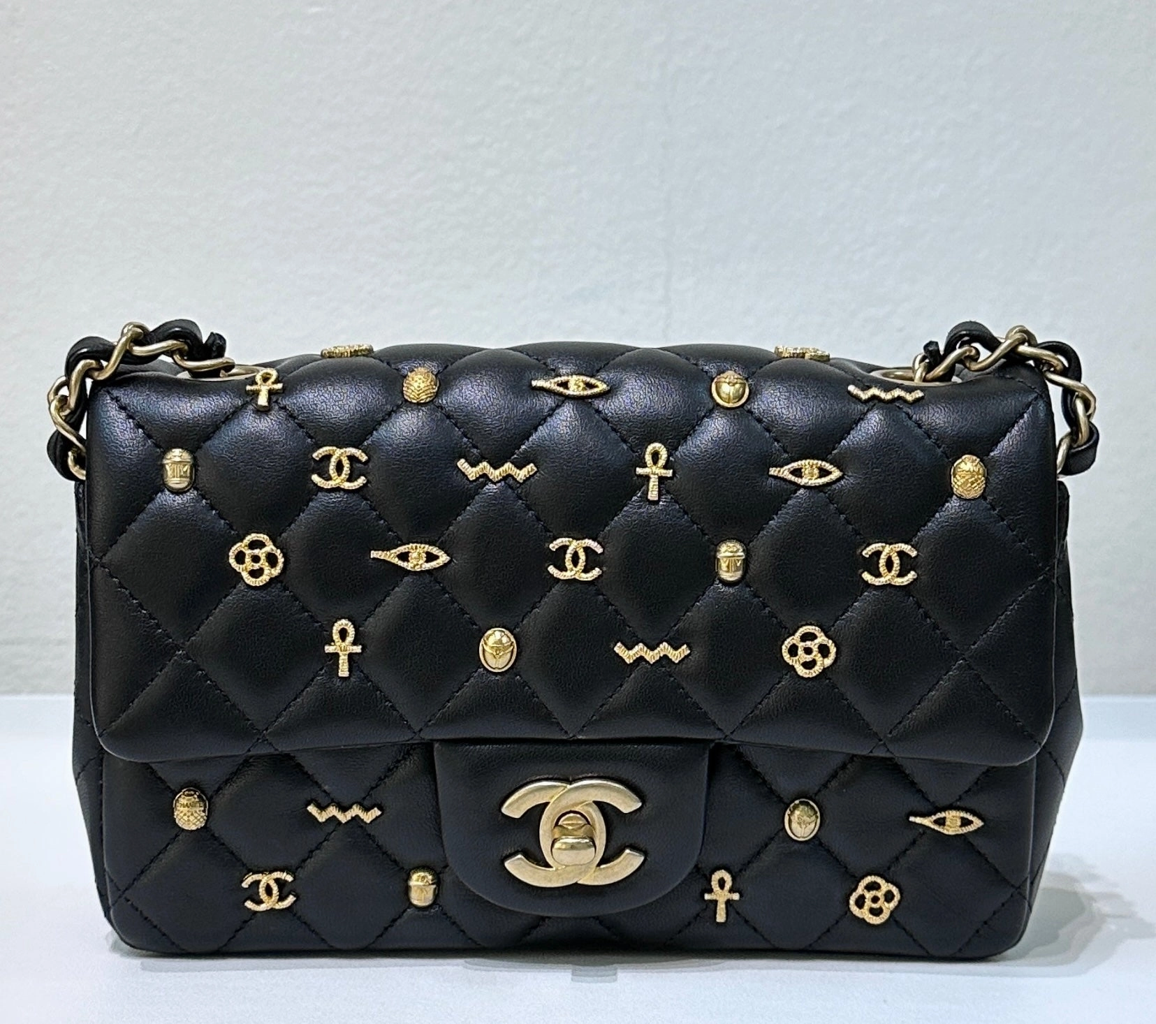 Adjustable Strap Good Grip Chanel Mini Lambskin Quilted Egyptian Amulet Rectangular Flap Black GHW