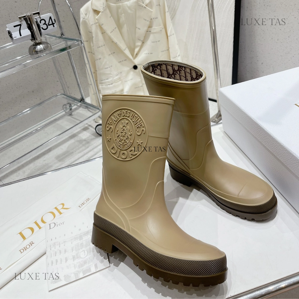 Beige and Brown Two-Tone Rubber DRunion Rain Boot  - Designer Boots & Ankle Boots for Women Premium materials