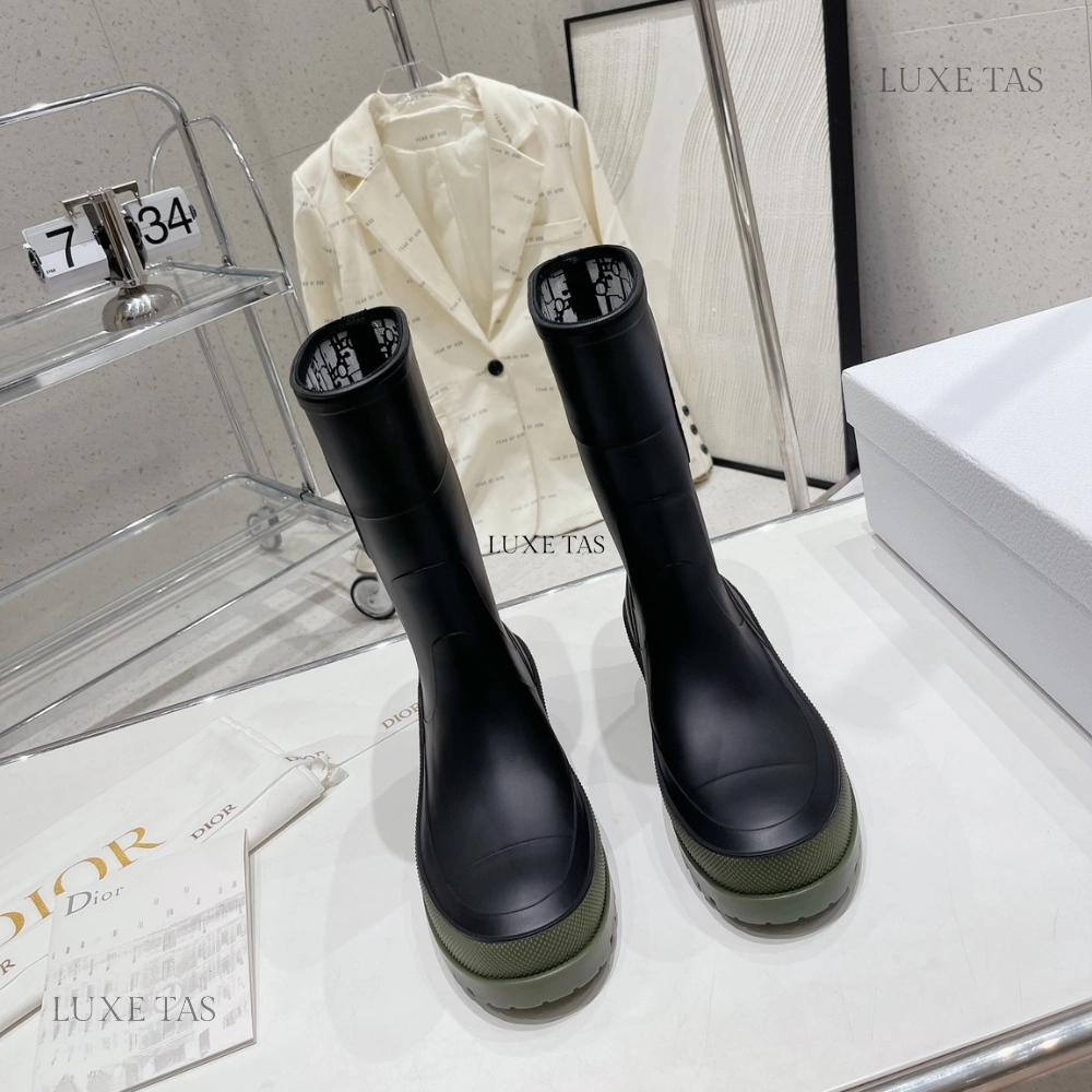 Military Style Black and Khaki Two-Tone Rubber DRunion Rain Boot  - Designer Boots & Ankle Boots for Women