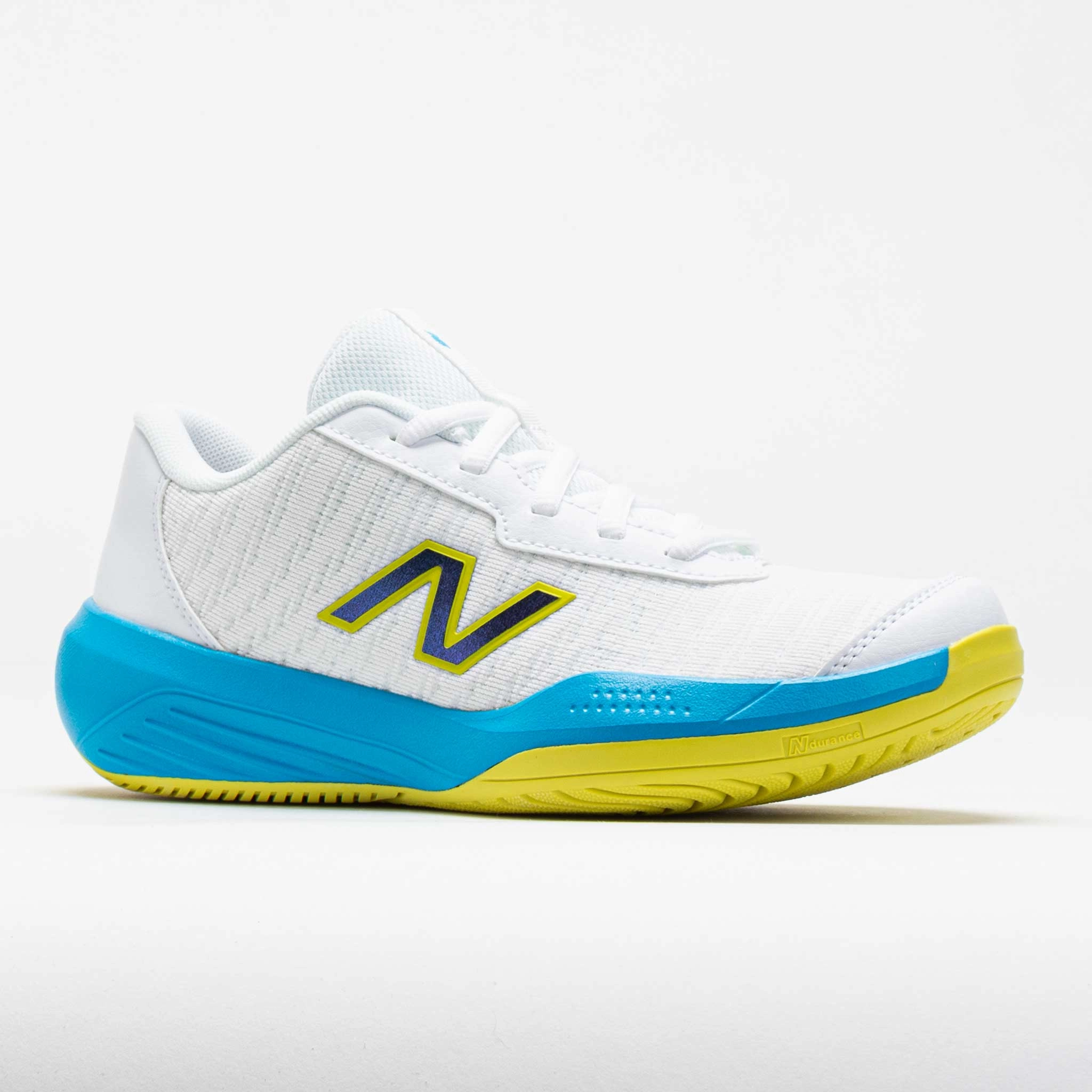 New Balance 996v5 Junior  White/Spice Blue running with a lugged outsole Ventilation