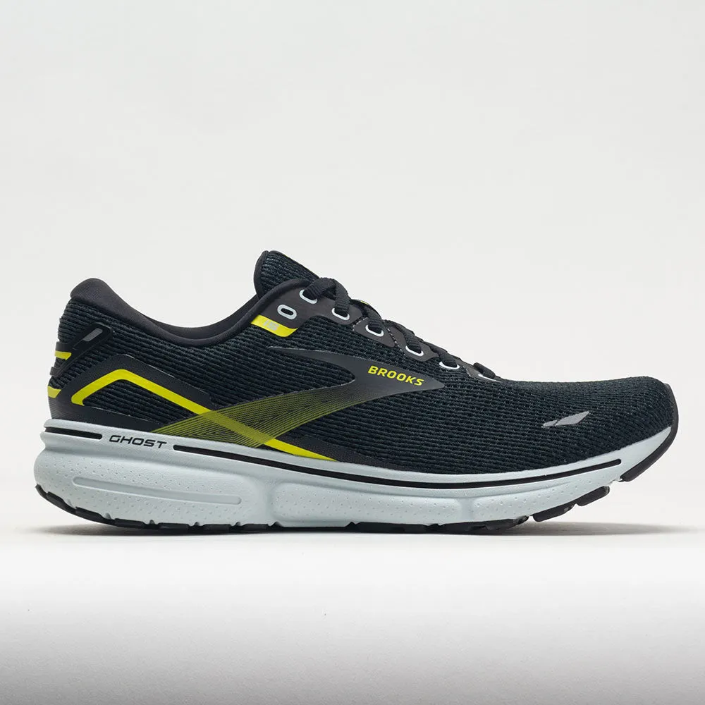 Brooks Ghost 15 Men's  Black/Ballad Blue/Sulphur running in a metal bridge area shoes
