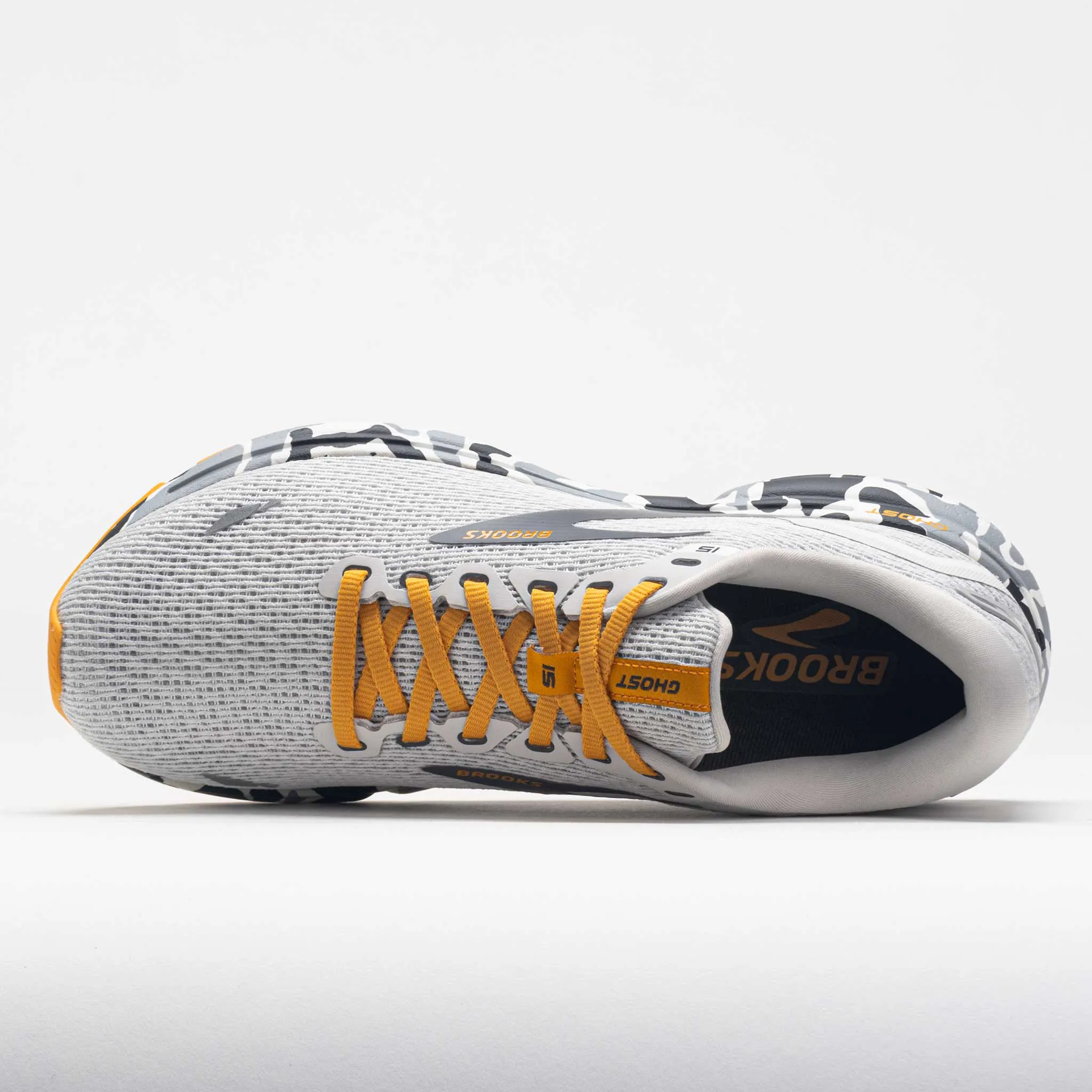 no - tie running shoes running with a carbon fiber plate Brooks Ghost 15 Men's  Camo Blanc/Gray/Sunflower