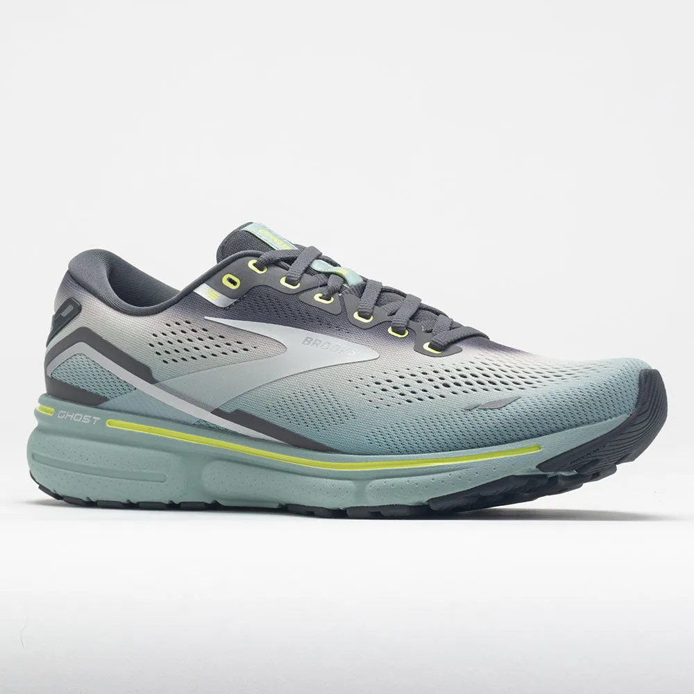 running in a train station area shoes Brooks Ghost 15 Men's  Grey/Oyster/Cloud Blue