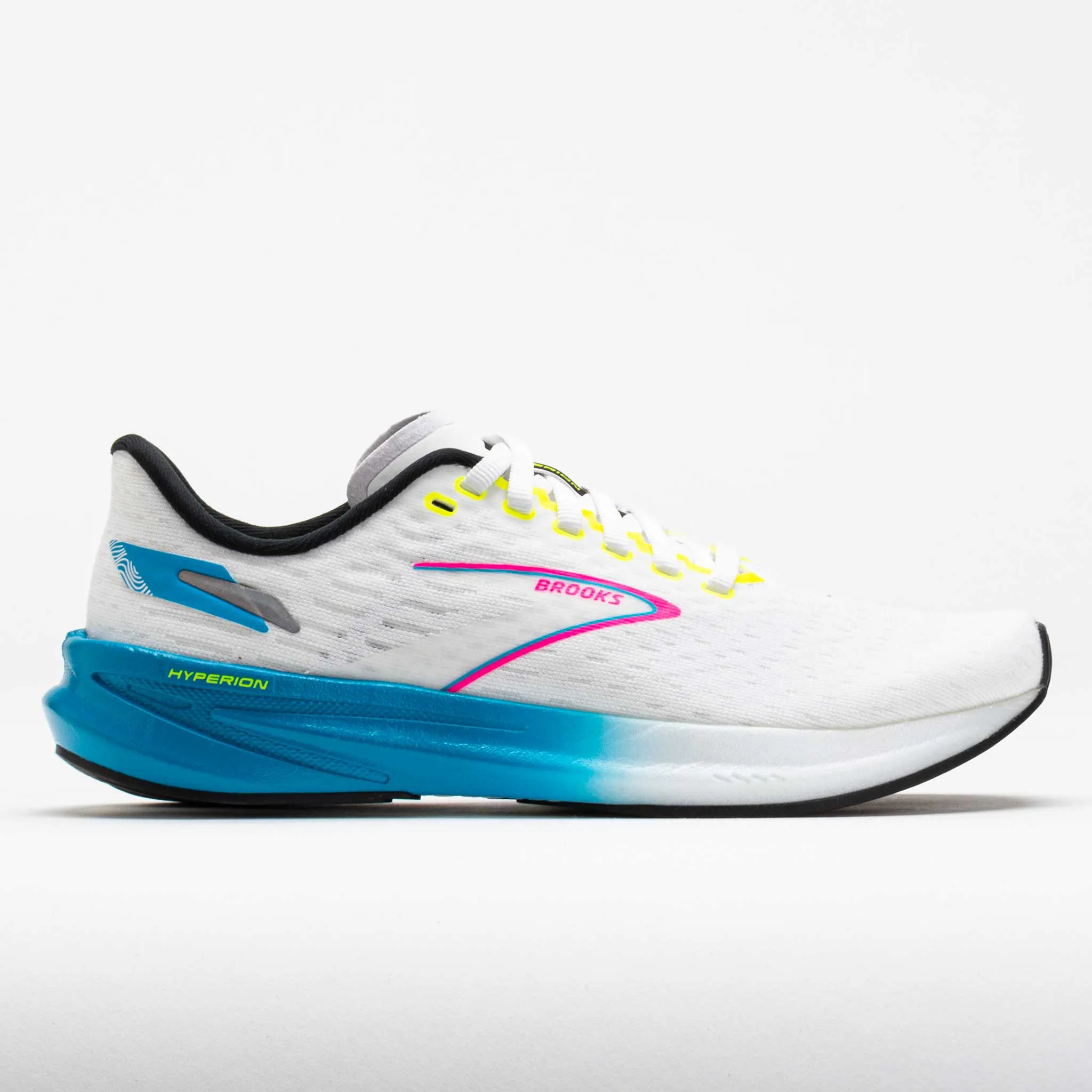 Brooks Hyperion Women's  White/Blue/Pink Bluetooth Connectivity running in a salt flat area shoes