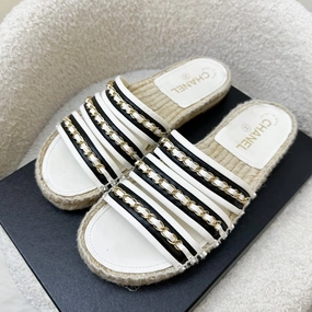 Compact Fit Chanel 20P Espadrille Slides / Sandals in Black and White Leather with GHW