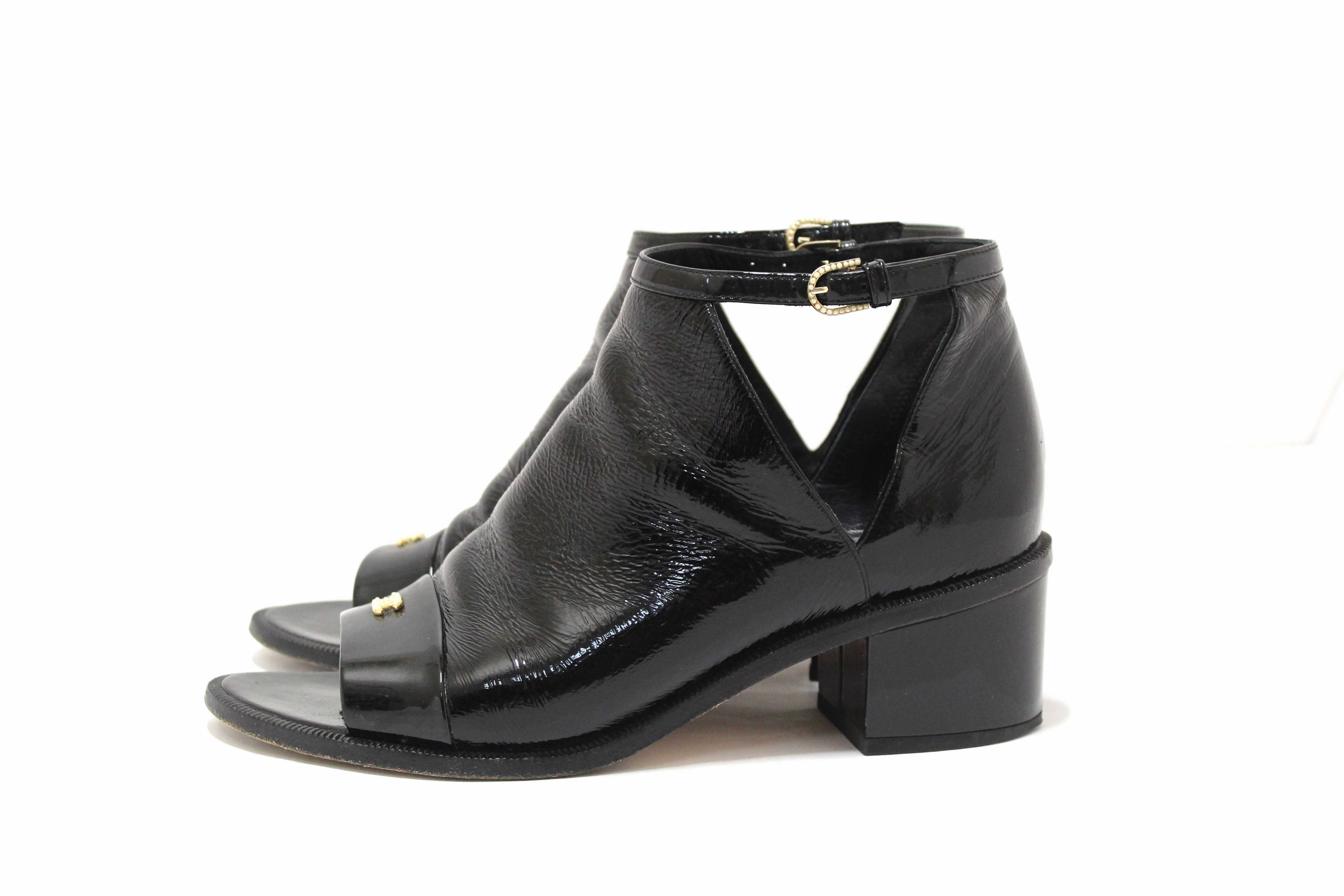 Chanel Black Patent Leather Peep Toe Short Ankle Boots 38.5 Avant Mood