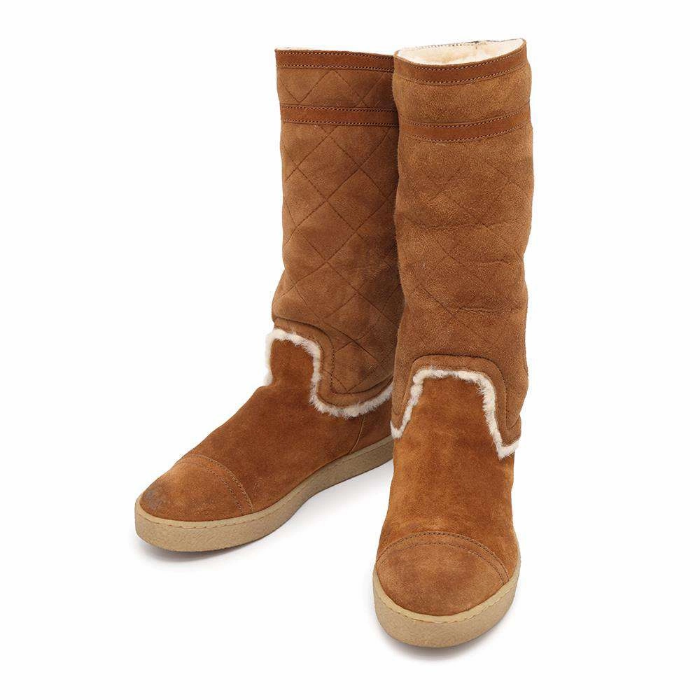 CHANEL Matelasse MoutonBoots CamelG26557 Suede Mouton Size 36 Elastic Cuff