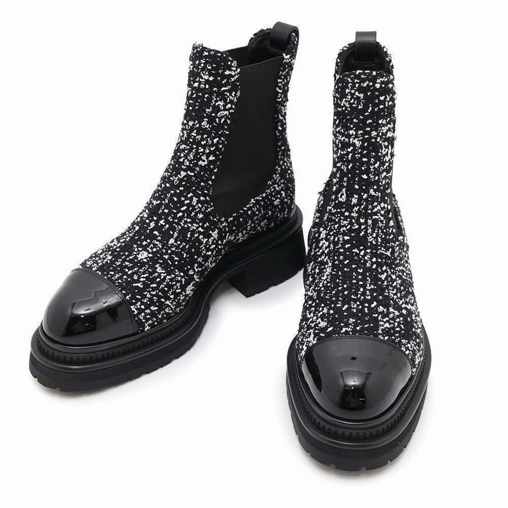 CHANEL Side gore short boots Black/WhiteG45087 Leather Tweed Patent Leather Size 36 1/2 Elastic