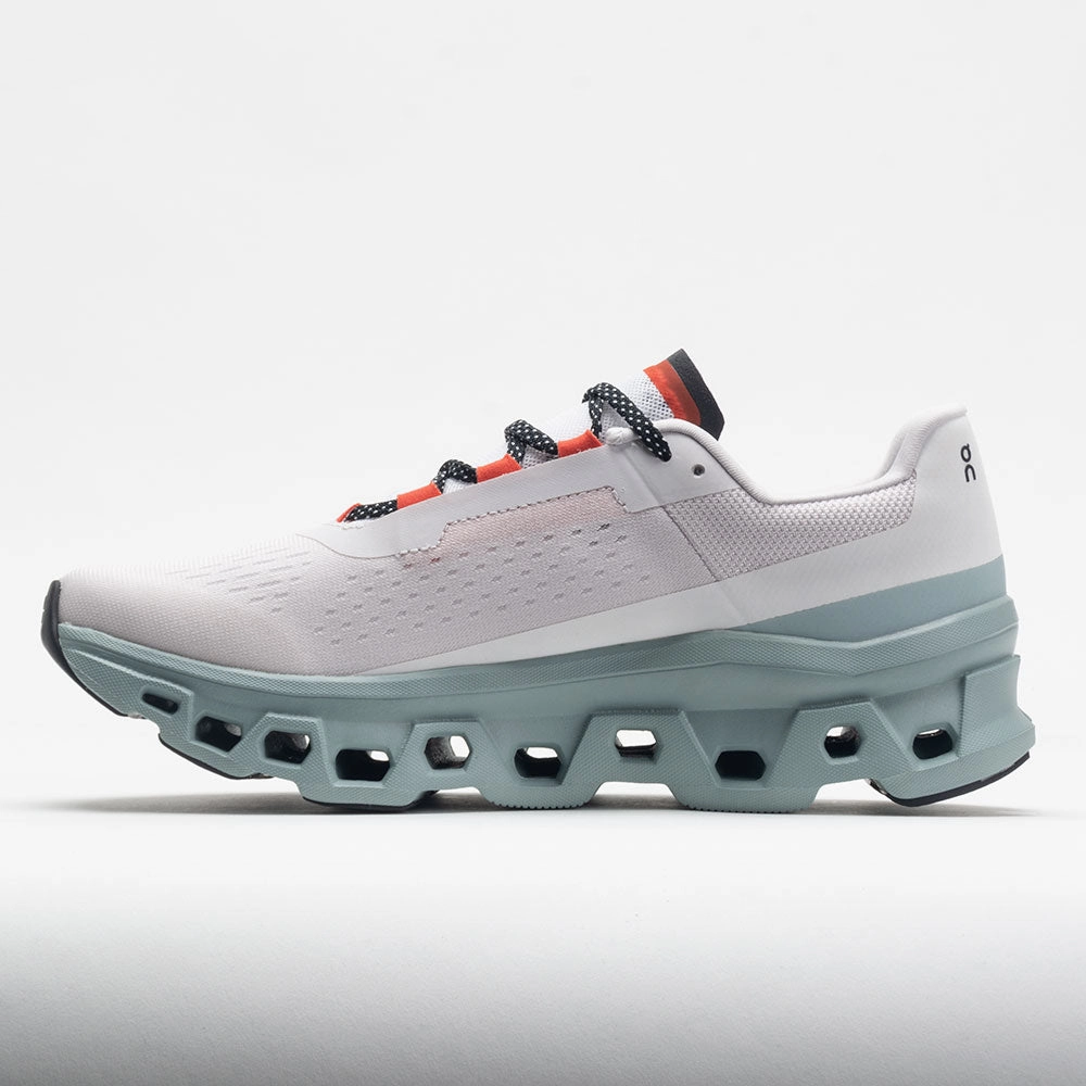 On Cloudmonster Men's  Frost/Surf running in a cantilever bridge area shoes