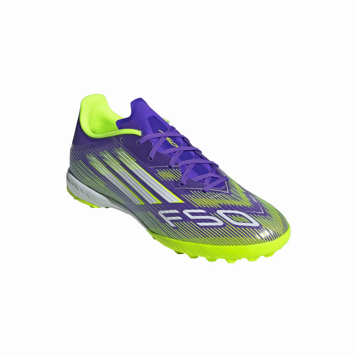 Foot Stability Grip Texture adidas F50 League TF Turf Soccer Shoes - Ftwr Purple/ Core Black/Lucid Lemon