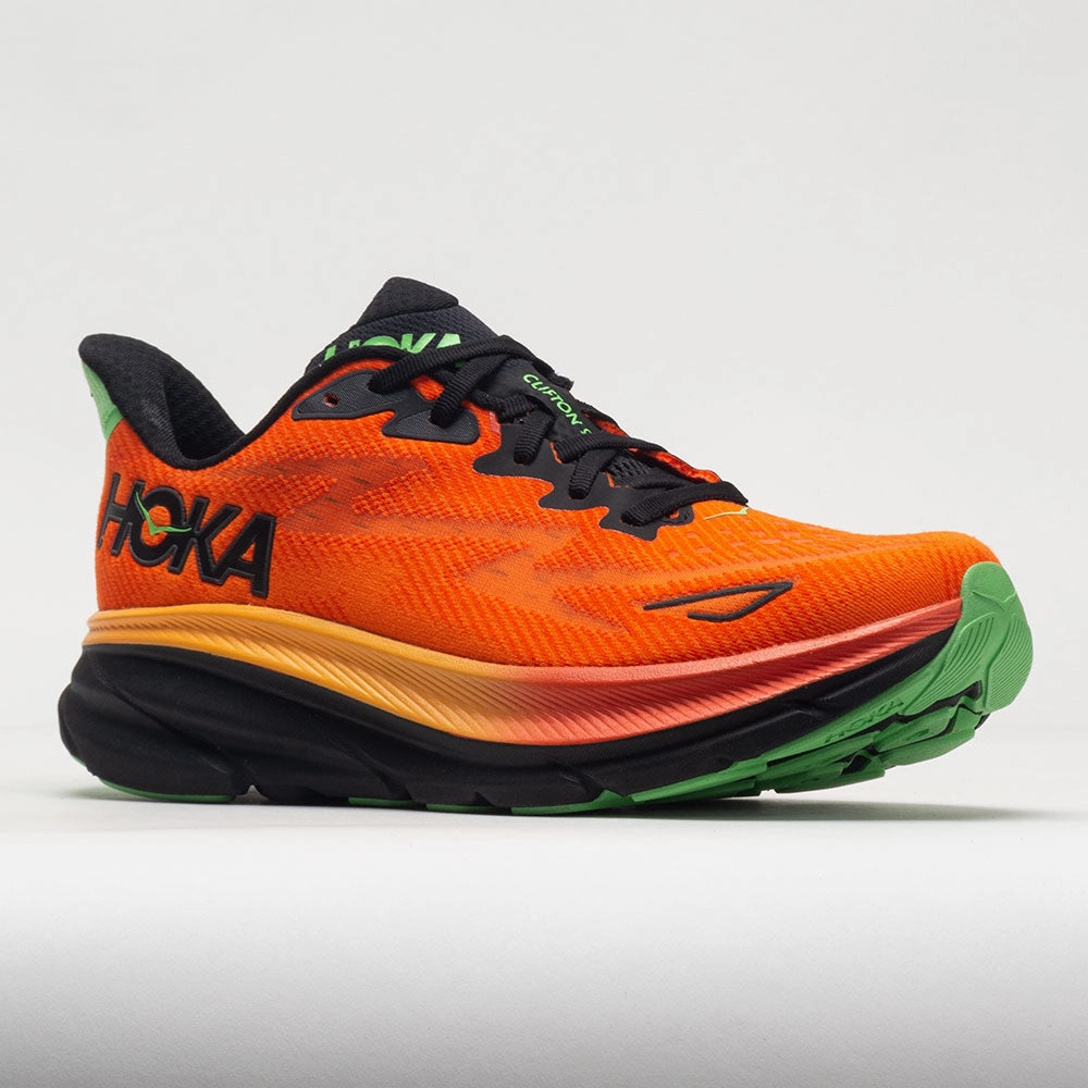 running in a zip line area shoes HOKA Clifton 9 Men's  Flame/Vibrant Orange