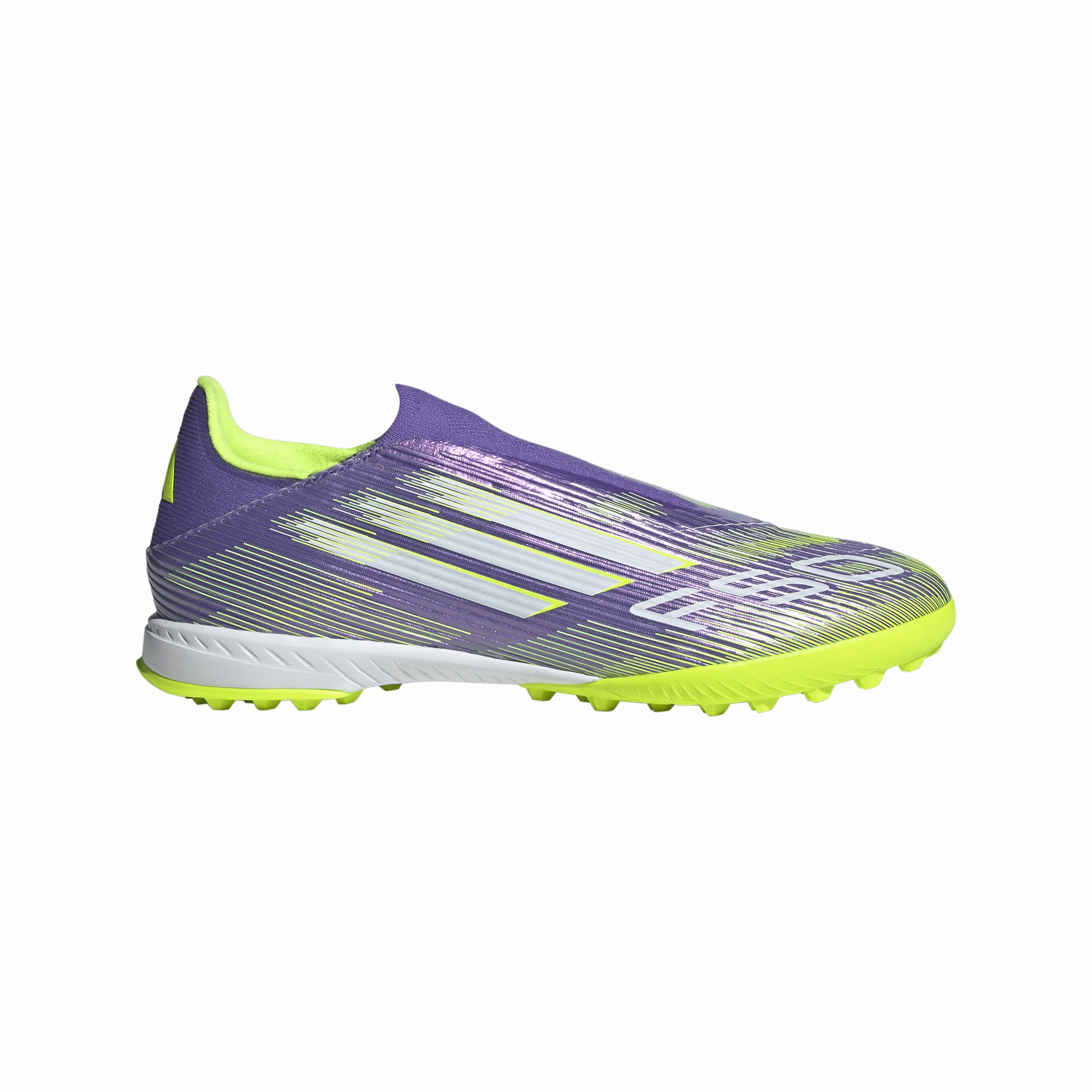 Rush Angle Indoor Game adidas F50 League LL TF Turf Soccer Shoes - Ftwr Purple/ Core Black/Lucid Lemon