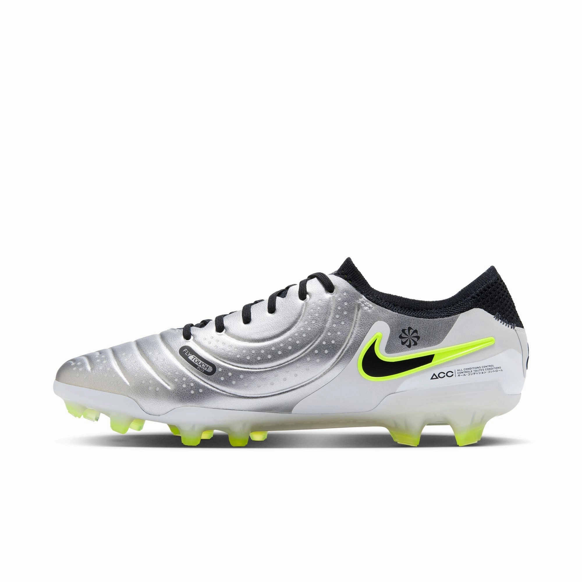 Balance Control Clean Strike Nike Tiempo Legend 10 Elite FG Firm Ground Soccer Cleats - Metallic Silver/ Black Volt