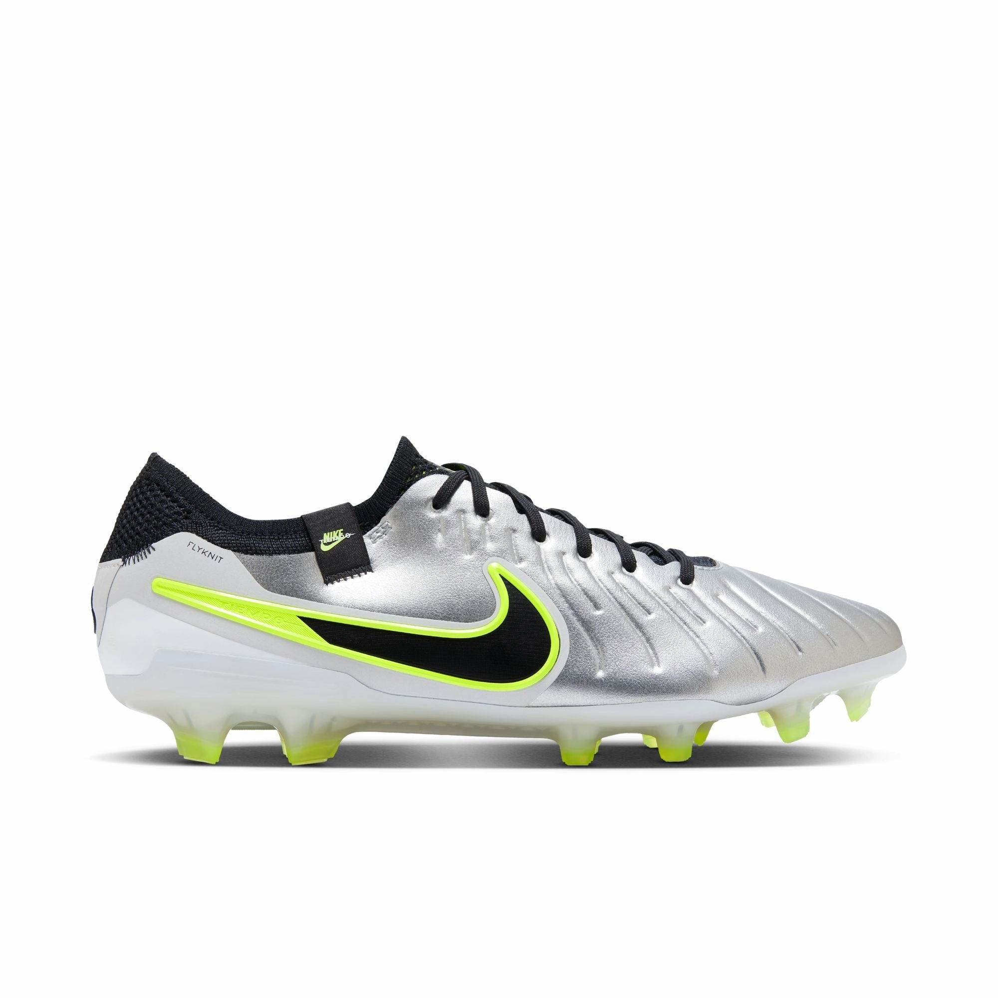 Minimalist Speed Lace Nike Tiempo Legend 10 Elite FG Firm Ground Soccer Cleats - Metallic Silver/ Black Volt