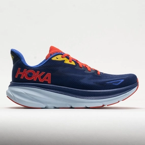 HOKA Clifton 9 Men's  Bellwether Blue/Dazzling Blue running in a ferry terminal area shoes Comfort core