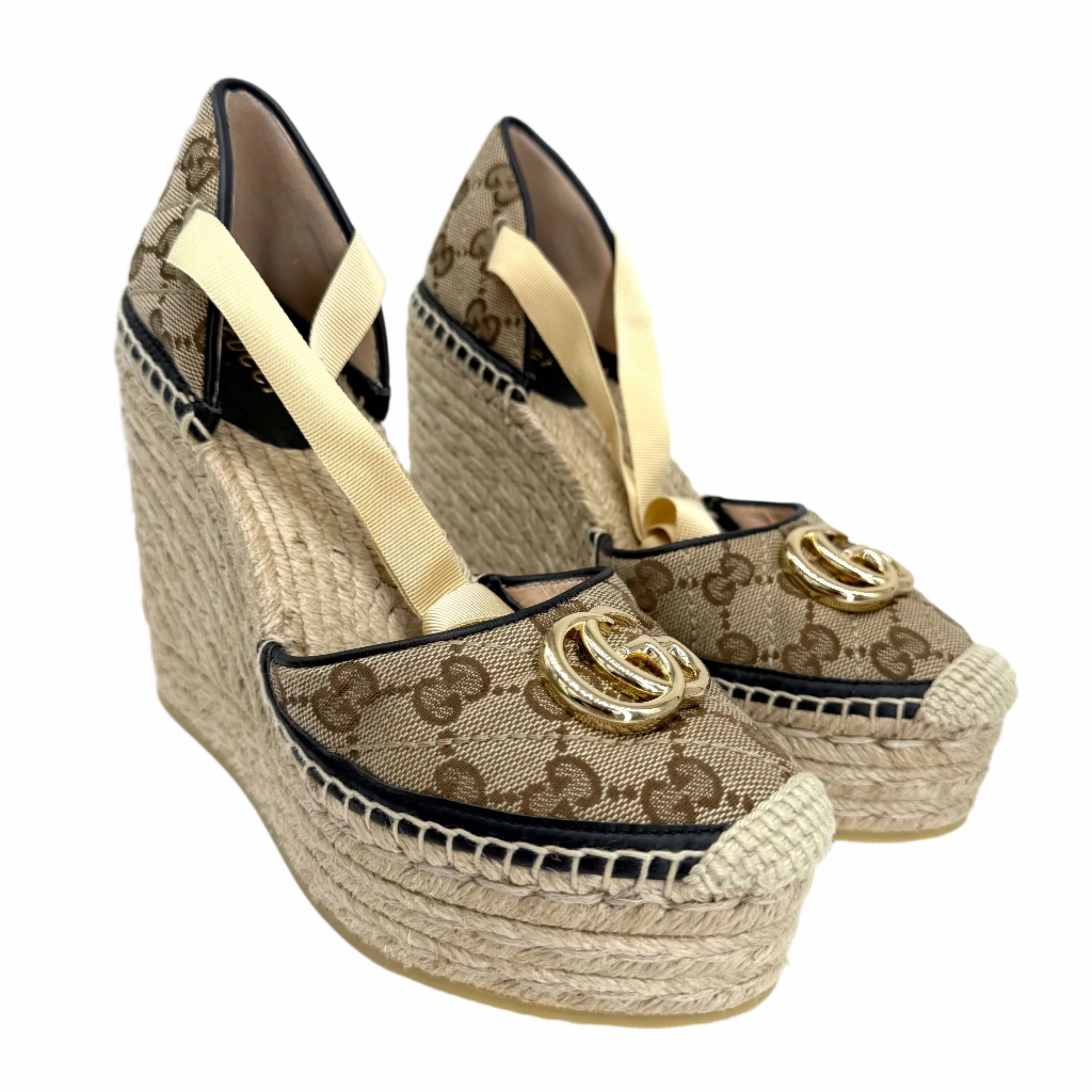 Gucci GG Marmont Monogram Matelass?? Espadrille Wedges ?C Beige, Ebony &amp; Sand Storm (Size 36) Evening Edge Formal Pumps