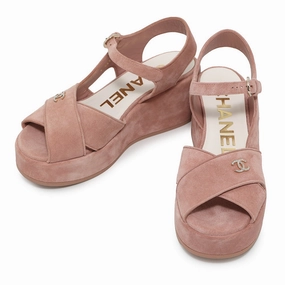 CHANEL EncreStrap Open Toe Platform Sandals Light PinkG45594 Suede rhinestone Size 38 Comfy Flip-flops Thong Style