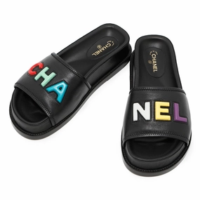 Narrow Fit CHANEL CHANEL logo sandals Black/MulticolorG38933 Leather Size 37C