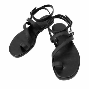 HERMES Harmony Sandals Black Calf Leather Size 35 Breathable Summer Footwear Wave Fun