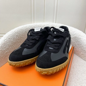 Hermes Jet Ladies Sneakers in Black Noir Nappa Leather and Velours Sz 37 Breathable Perforated Panels Retro-inspired cushioning