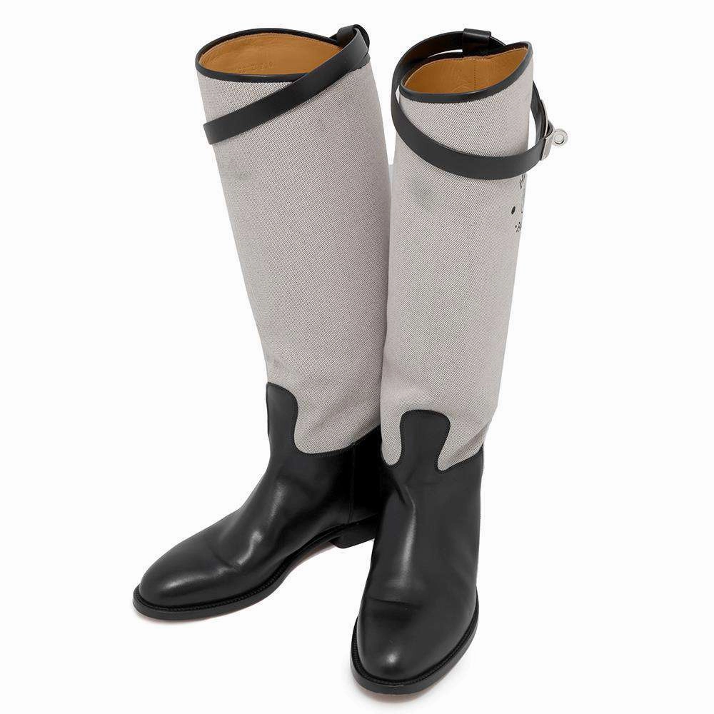 HERMES JumpingBoots Black Toile H Calf Leather Size 37 High-traction hypoallergenic
