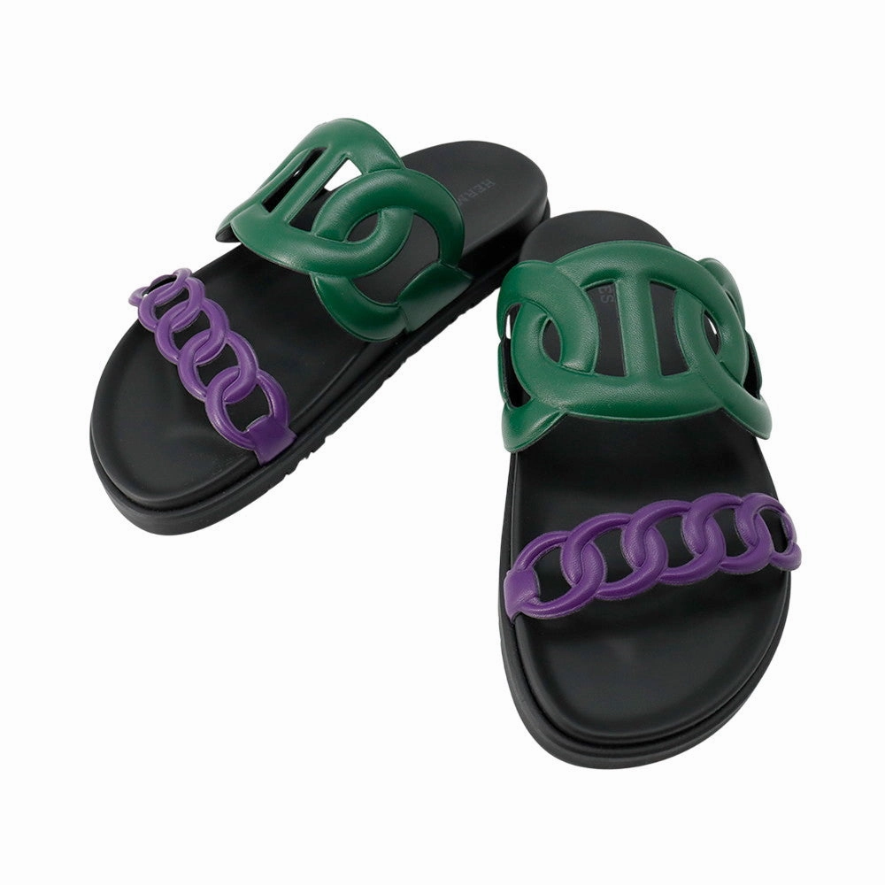 Relaxed Walk Outdoor Fun HERMES Sandals ??Extra?? Vert Electric/Violet/Black Leather Rubber Size 37.5