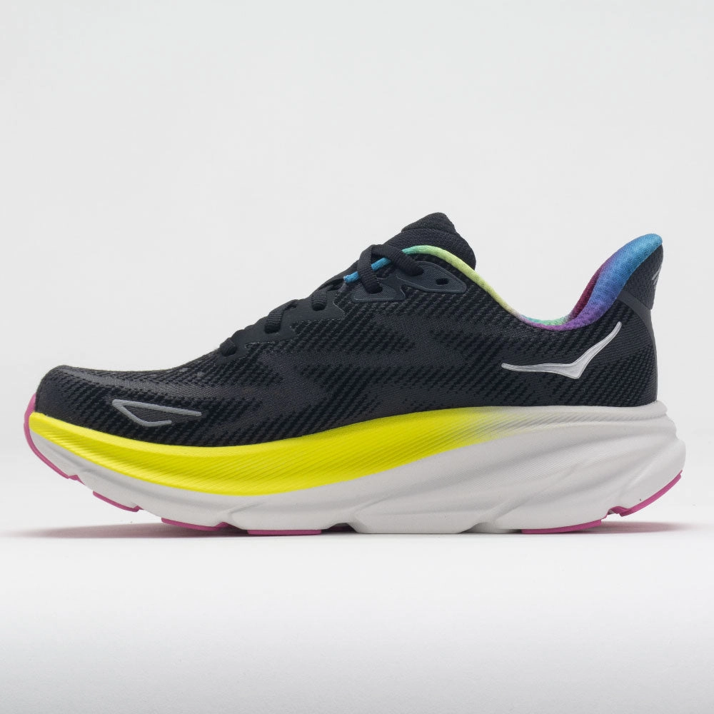 HOKA Clifton 9 Women's  Black/All Aboard running in a sinter terrace area shoes
