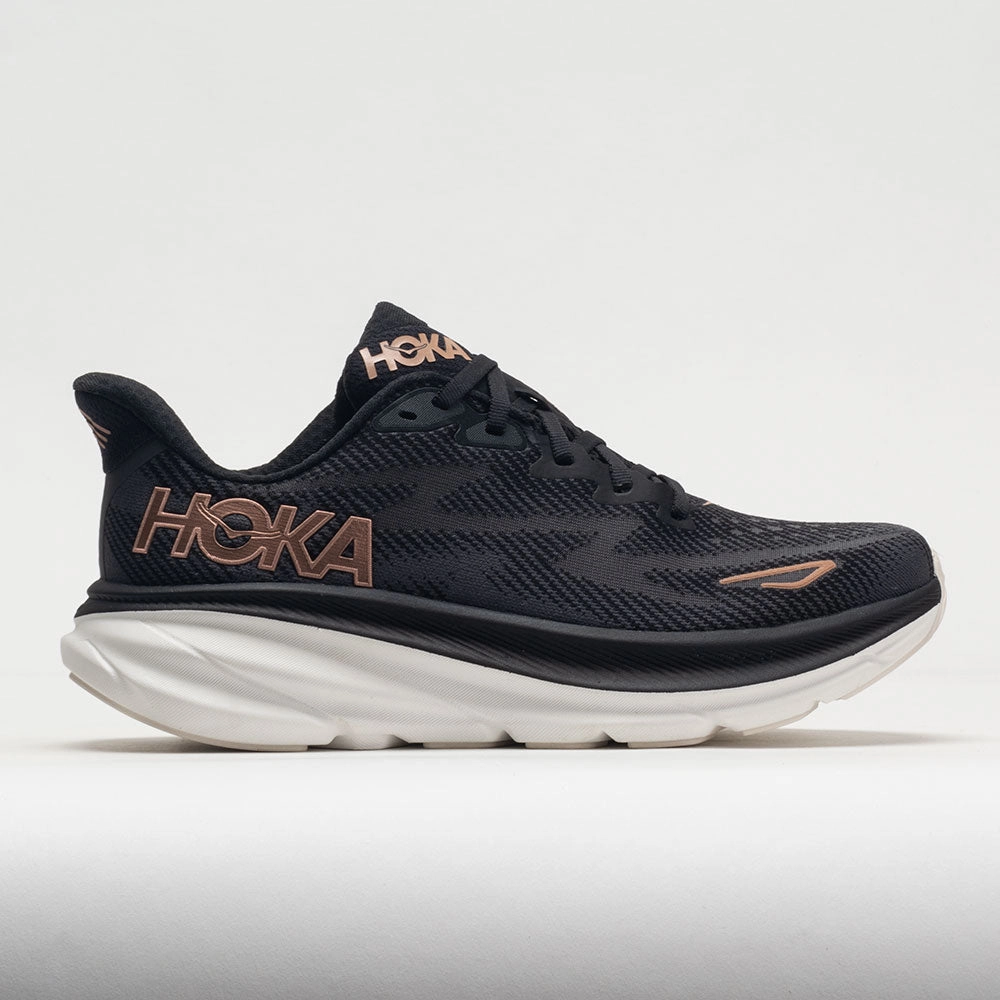 wide - toe - box - feature shoes Traction Grooves HOKA Clifton 9 Women's  Black/Rose Gold
