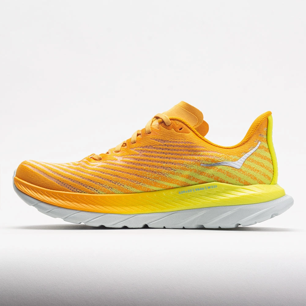 HOKA Mach 5 Men's  Radiant Yellow/Evening Primrose running on a sand track shoes