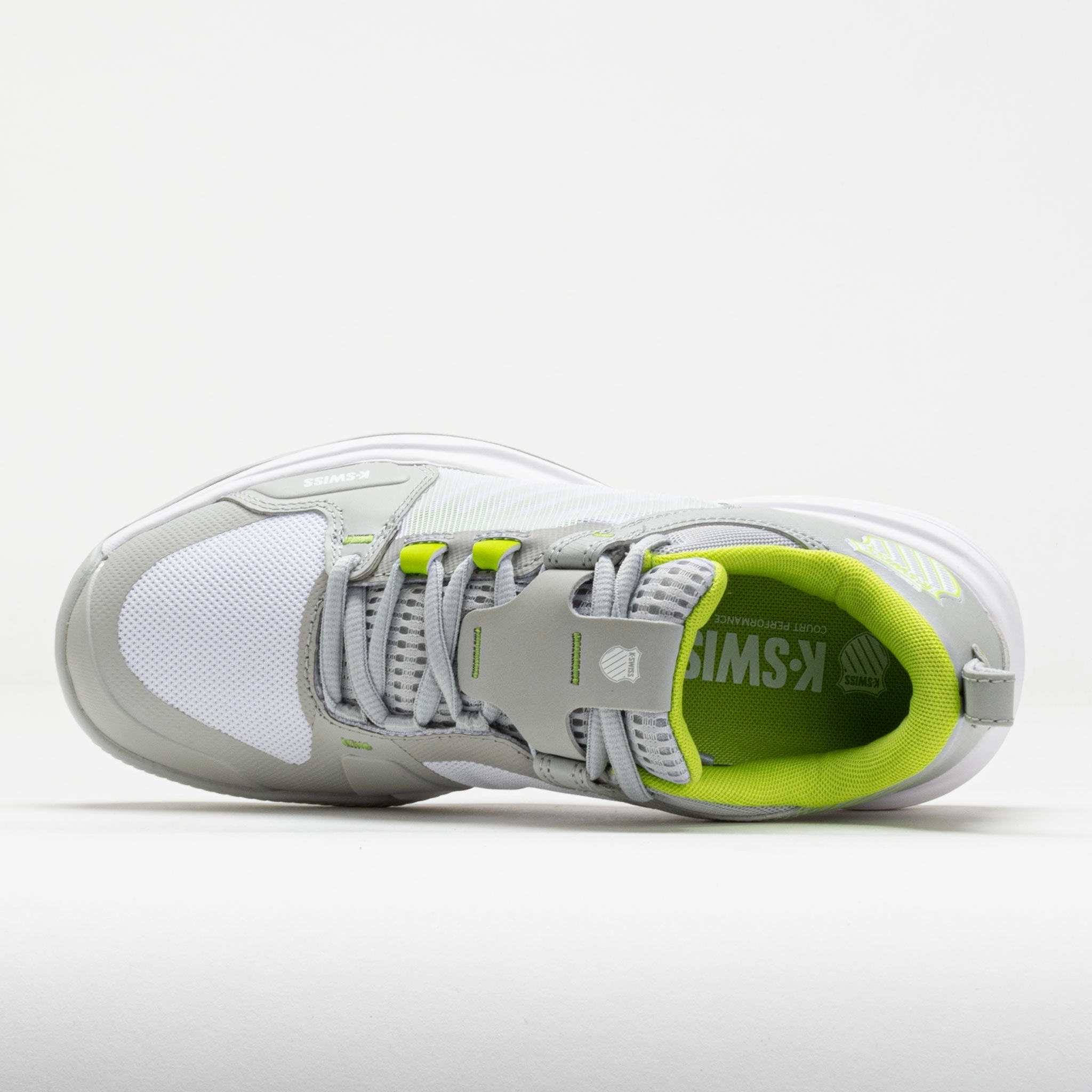 running in a tennis court area shoes running in a group shoes K-Swiss Ultrashot Team Women's  Gray Violet/White/Lime Green