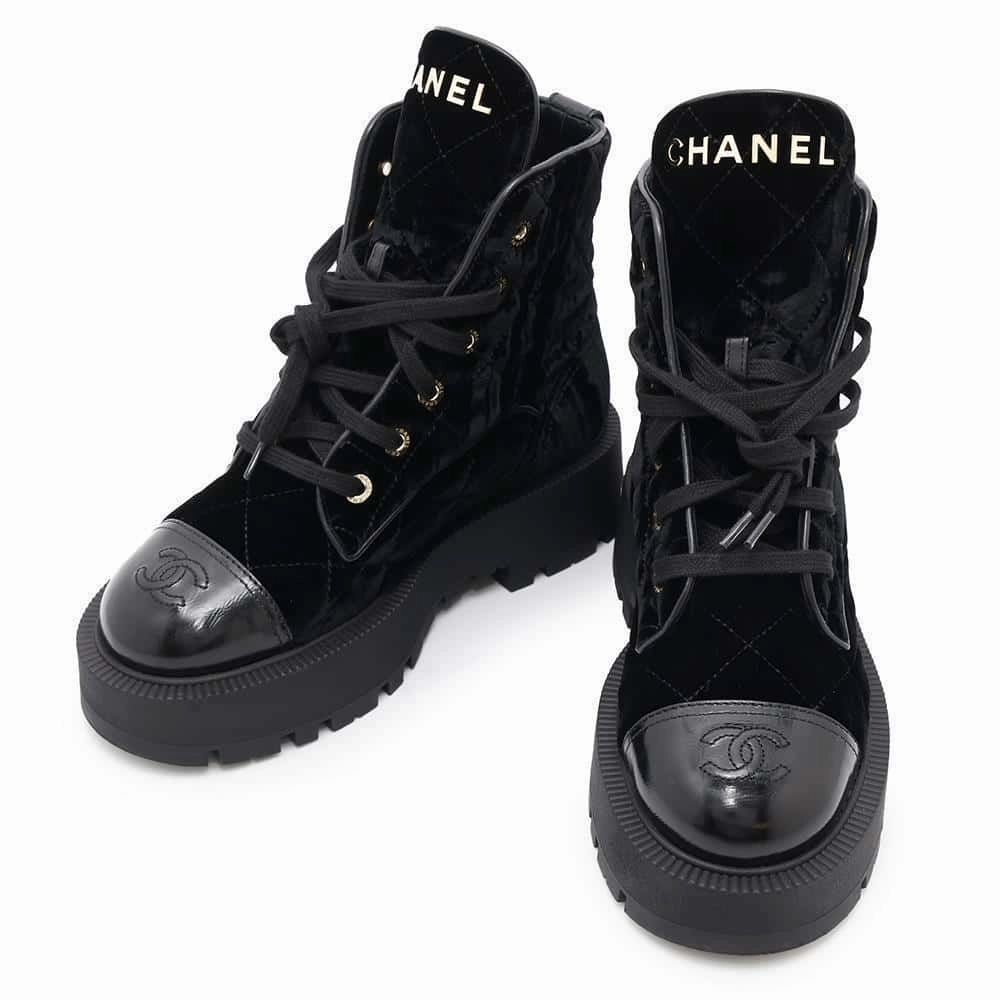 Cushion Zone Day To Night CHANEL Lace-up short boots BlackG45798 Velvet Calf Leather Size 37 1/2C