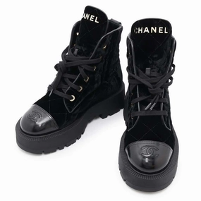 Cushion Zone Day To Night CHANEL Lace-up short boots BlackG45798 Velvet Calf Leather Size 37 1/2C