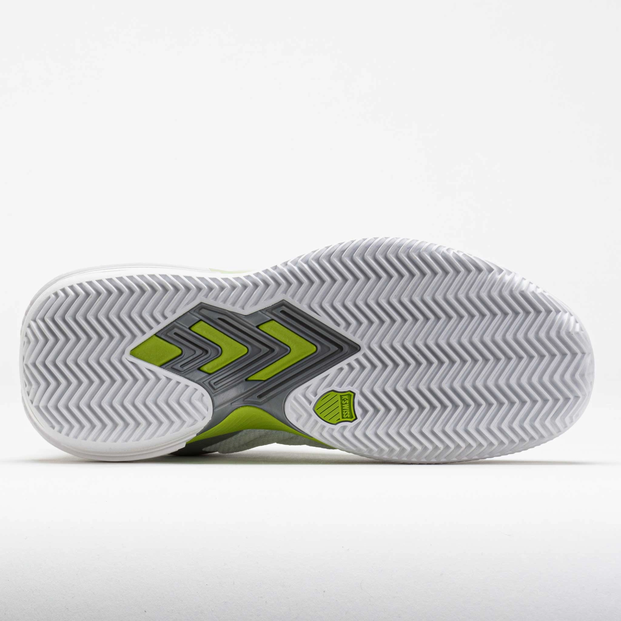 K-Swiss Ultrashot 3 Clay Women's  White/Gray Violet/Lime Green running in a city park shoes