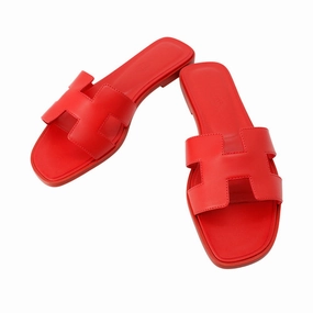 Synthetic hook and loop closure HERMES Sandals "Oran" Red Leather Size 37 1/2