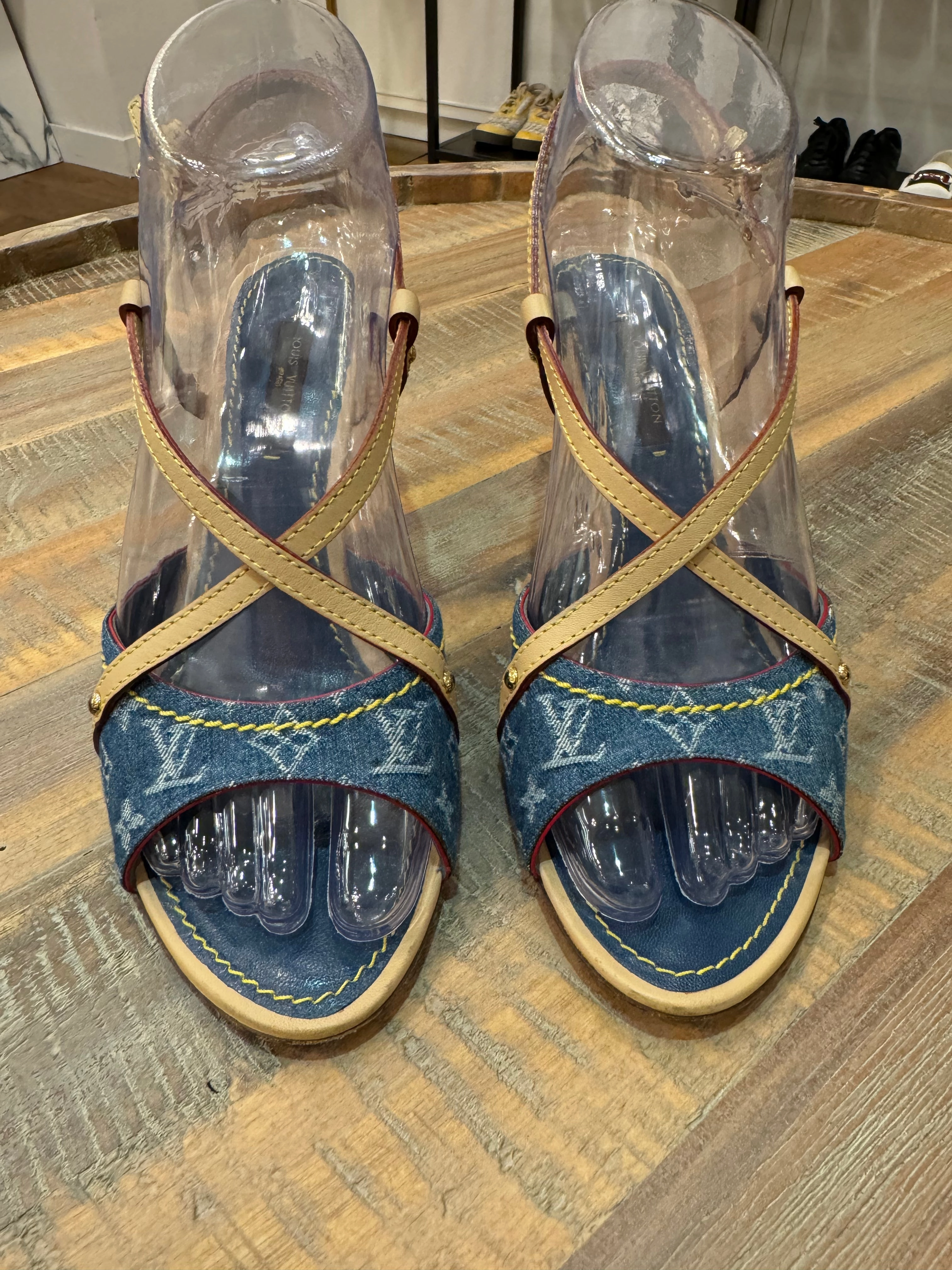 Designer Touch Quick Spark Louis Vuitton Blue Denim Monogram Denim Ankle Wrap Heels Size 36