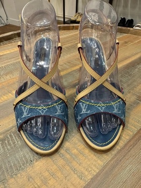 Designer Touch Quick Spark Louis Vuitton Blue Denim Monogram Denim Ankle Wrap Heels Size 36