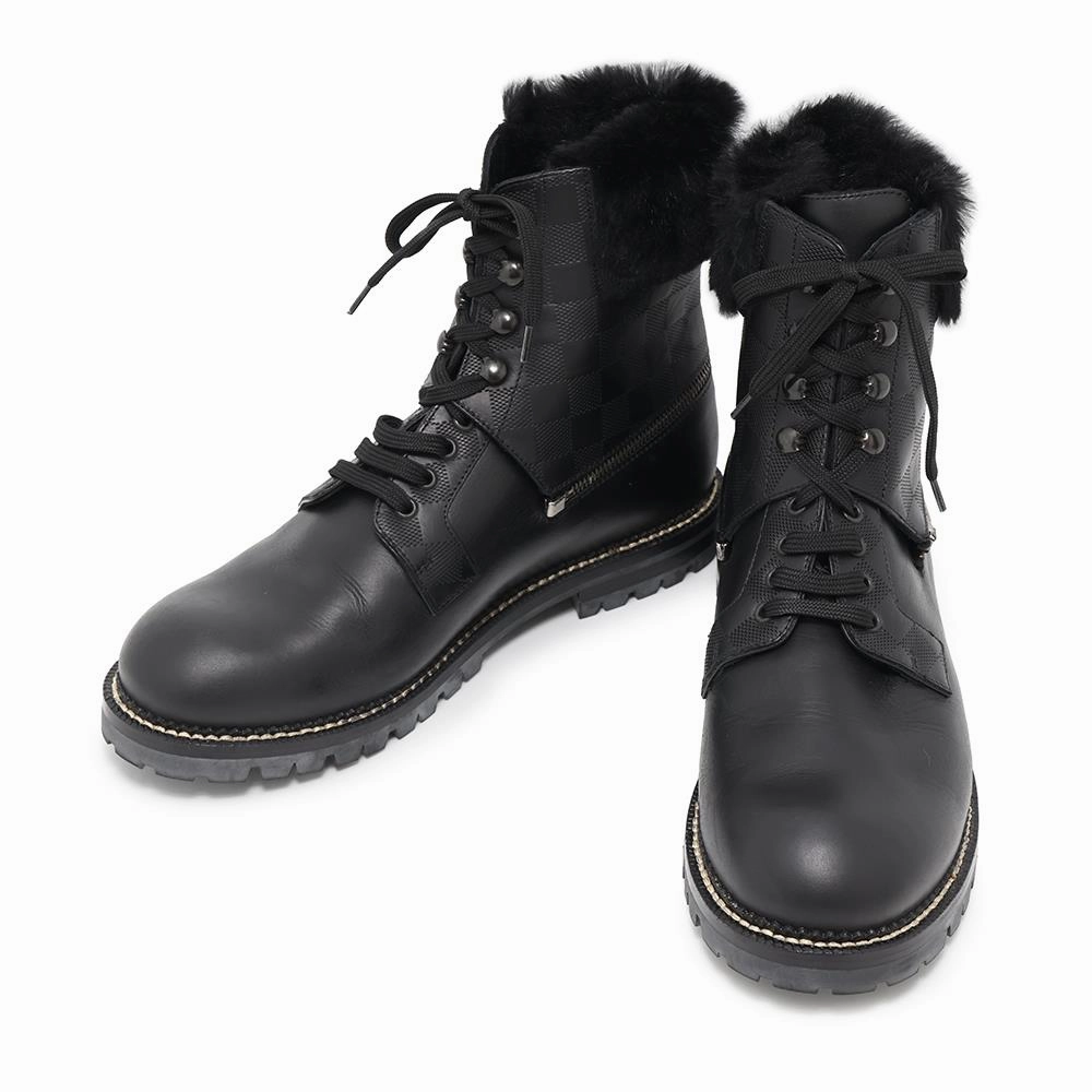 LOUIS VUITTON Tibetan line 2way lace-up boots Black Damier Infini Leather Fur Size 6 1/2 Construction Worker Comfort Backing