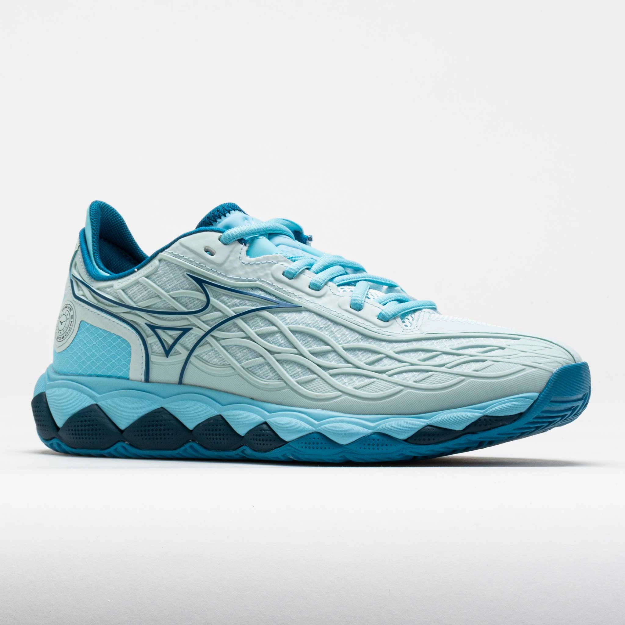 Mizuno Wave Enforce Tour AC Women's  Blue Glow/Sailor Blue running on soft surface