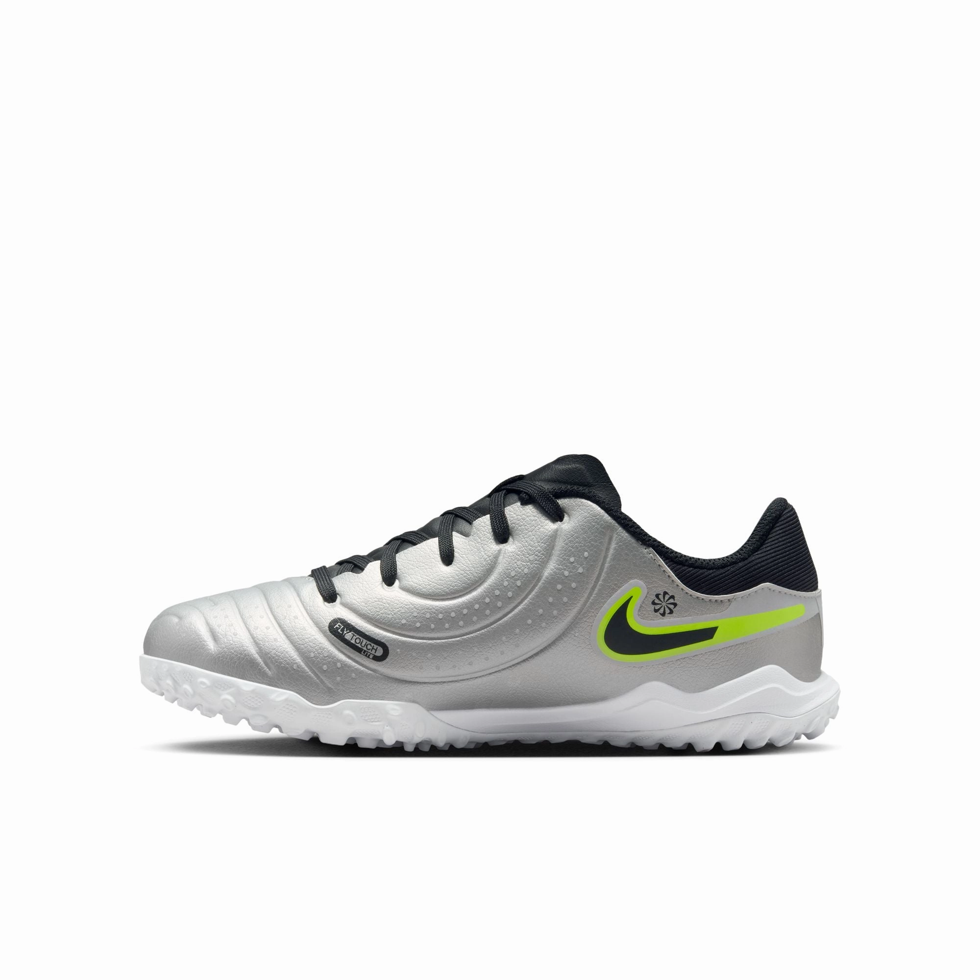 Nike Junior Tiempo Legend 10 Academy TF Turf Soccer Shoes - Metallic Silver/ Black Volt Kicking Support