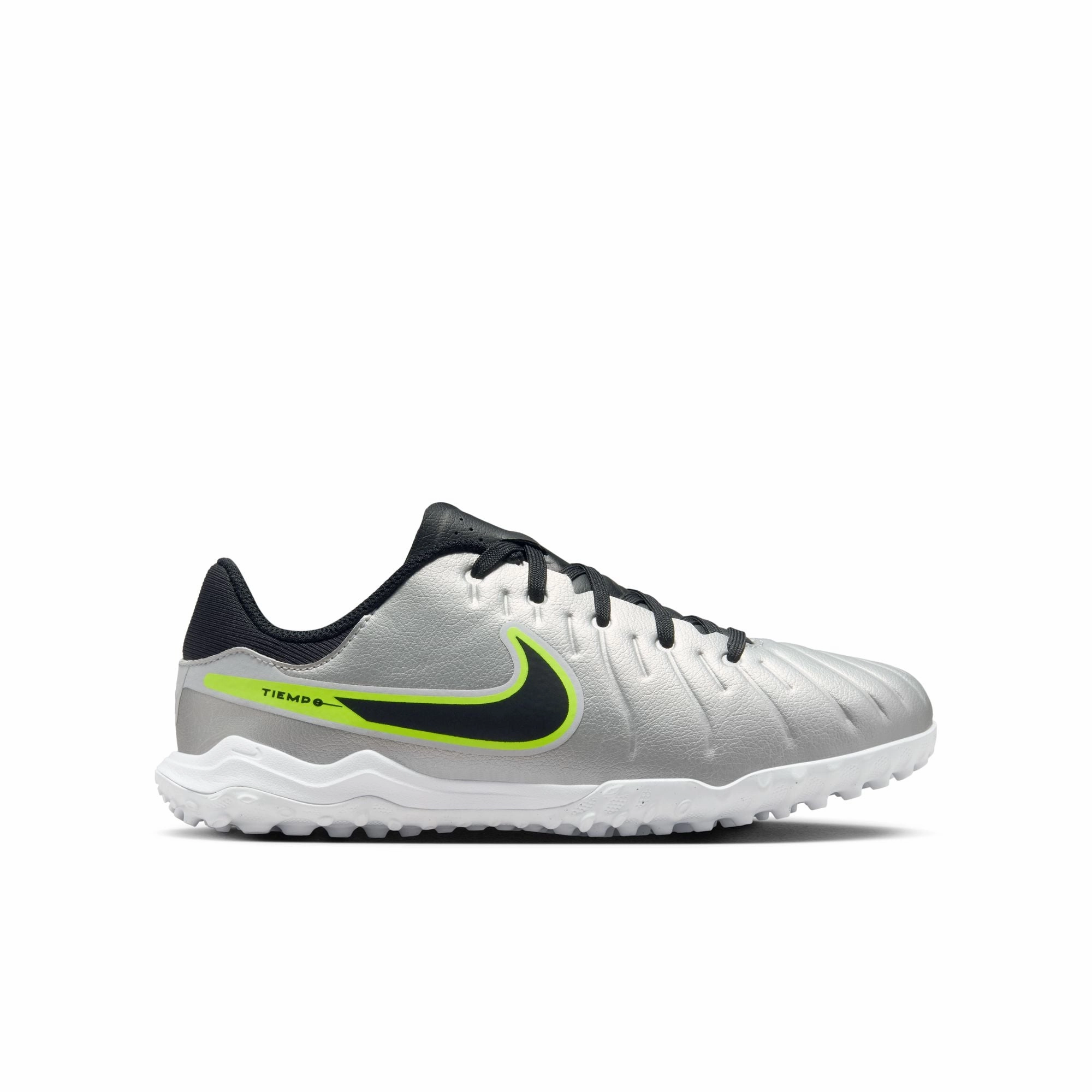 Nike Junior Tiempo Legend 10 Academy TF Turf Soccer Shoes - Metallic Silver/ Black Volt All Ground Toe Protection