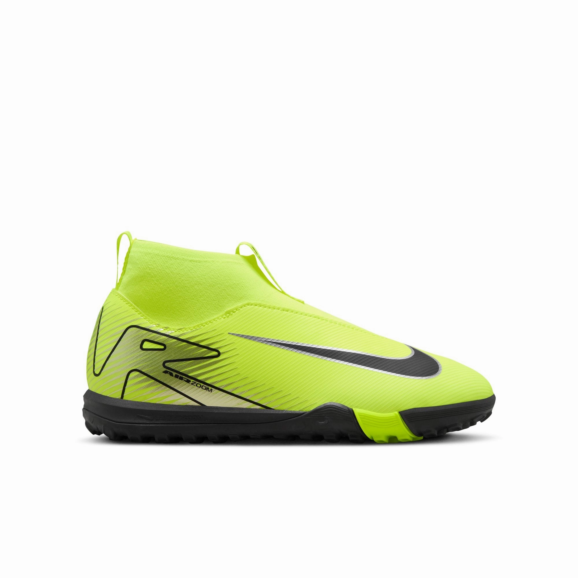 Nike Junior Zoom Superfly 10 Academy TF Turf Soccer Shoes - Metallic Silver/Black Volt Field Routine Easy Slide On