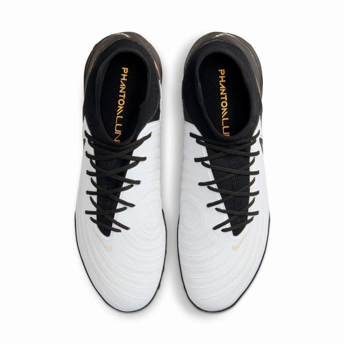 Dry Field Leg Control Nike Phantom Luna II Academy TF Turf Soccer Shoes - White/ Black/ Gold Coin
