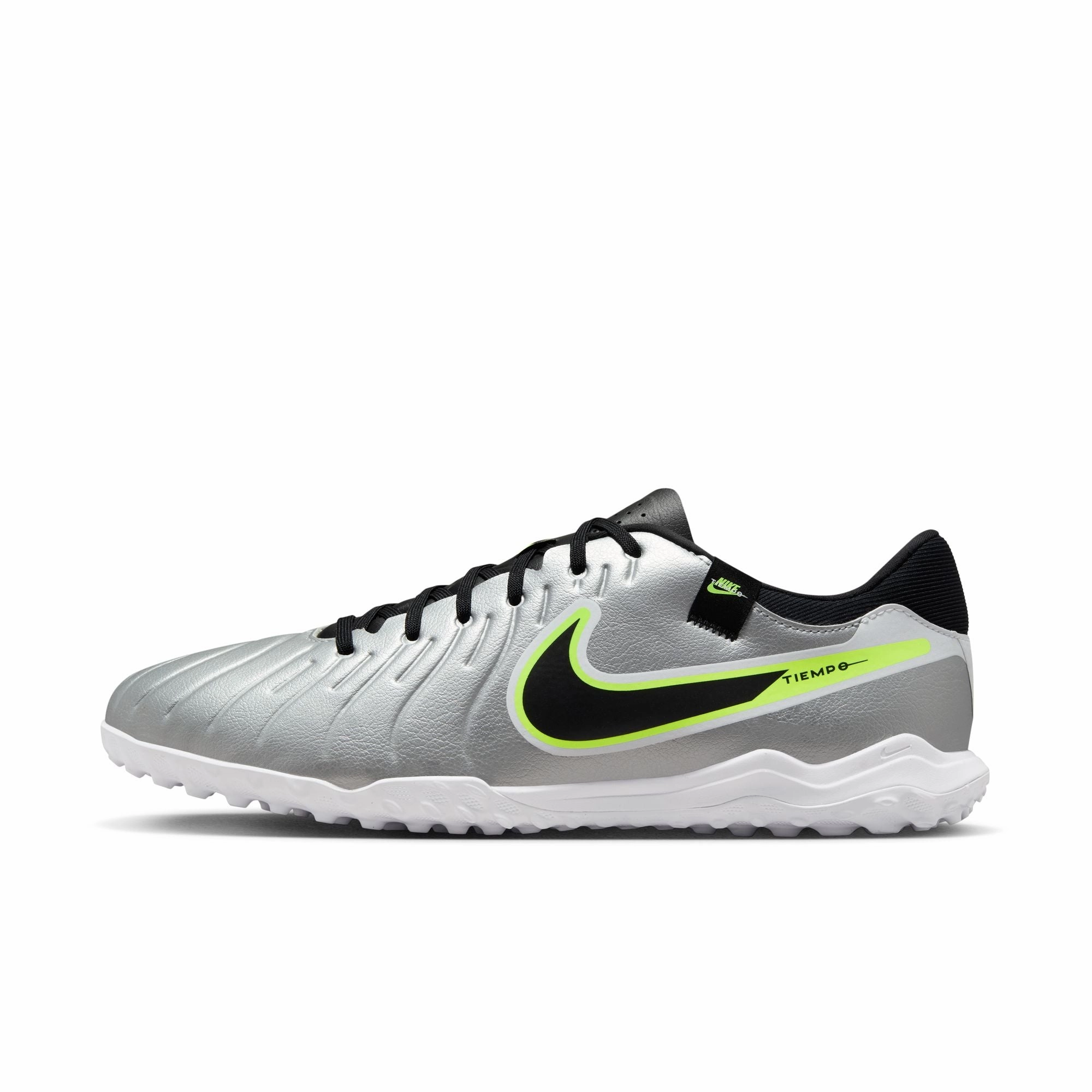 Clean Drive Sharp Control Nike Tiempo Legend 10 Academy TF Turf Soccer Shoes - Metallic Silver / Black Volt