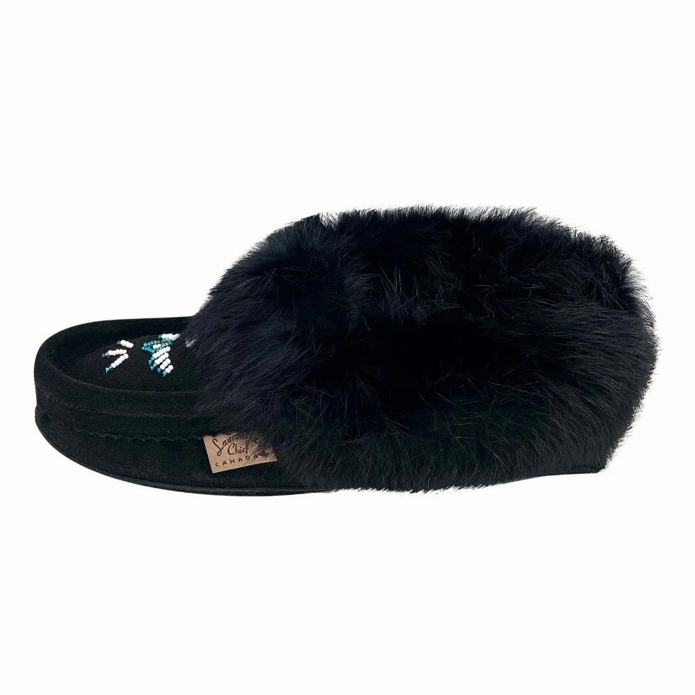 Women's Rabbit Fur Thunderbird Beaded Moccasins Black Anti Fatigue Comfort Tongue